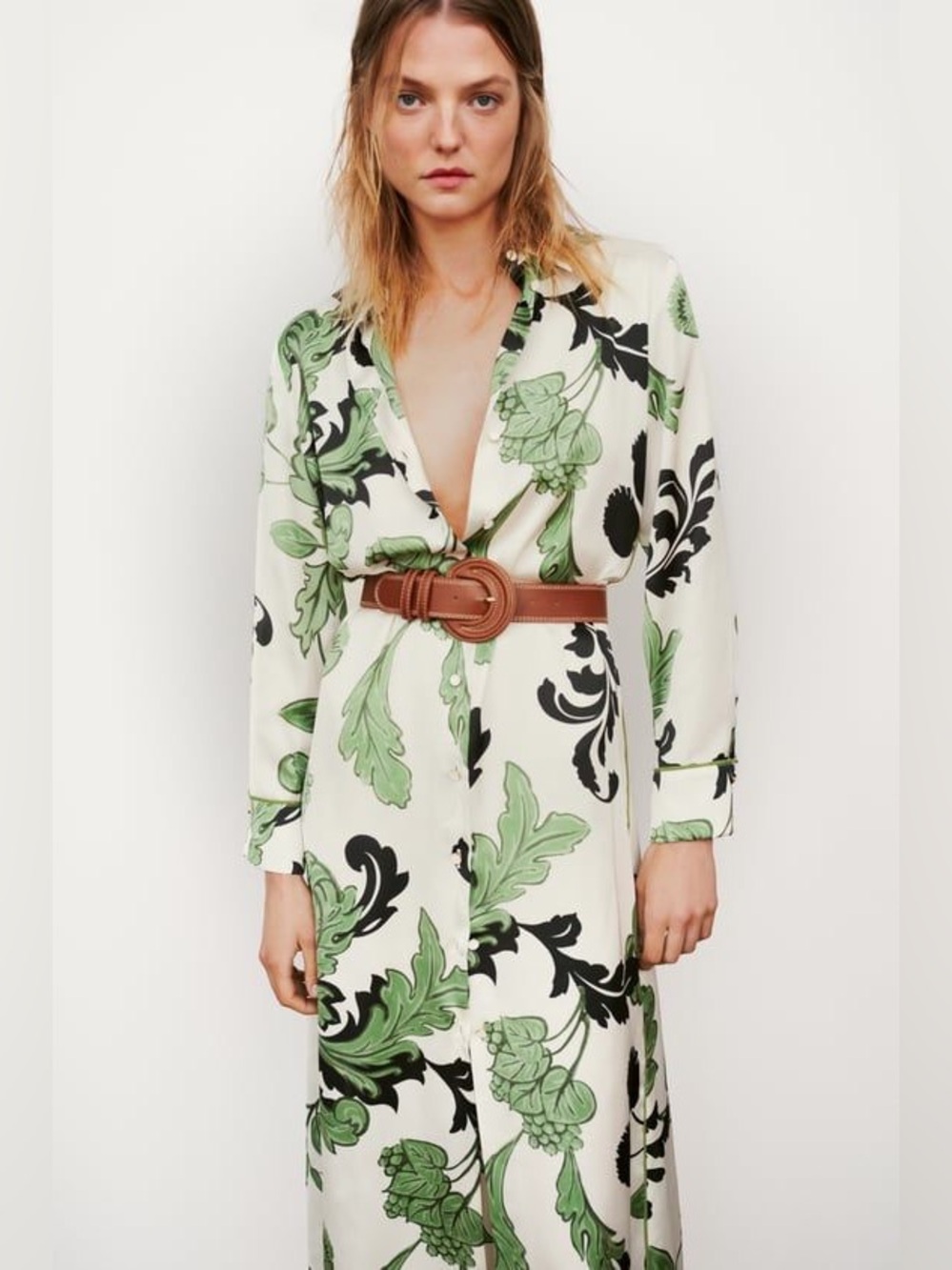 Zara Ecru and Green Botanical-Print Button-Front Shirt Dress size large